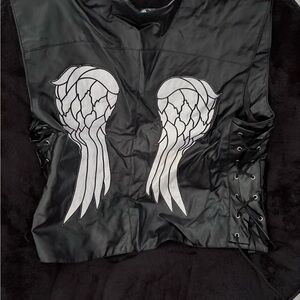 Black Faux Leather Women's Vest with White Angel Wing Appliqué